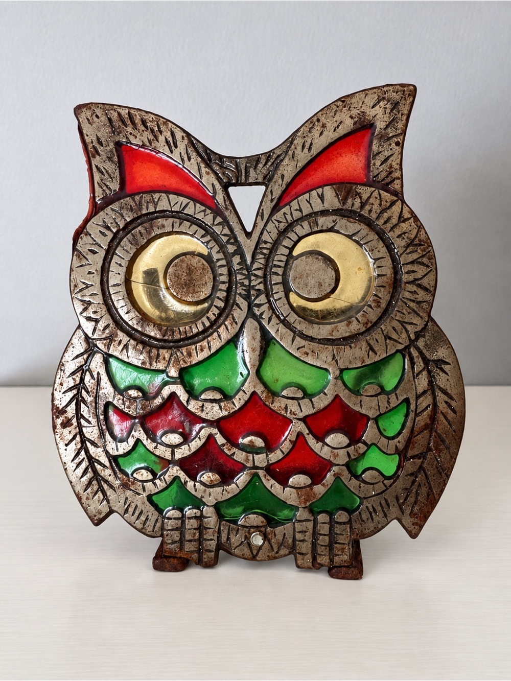 Vintage 1970s Owl Napkin Holder Stained Glass Cast Metal Retro Kitsch 8” AS IS